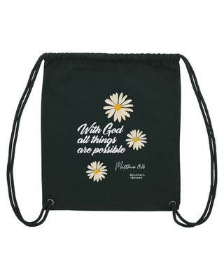 With God Flower Gym Bag Schwarz, christlicher Turnbeutel von Mountain Movers