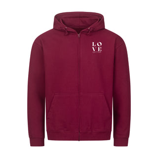 Alles geschehe in Liebe Zipper Hoodie Detailansicht, Mountain Movers christliche Streetwear
