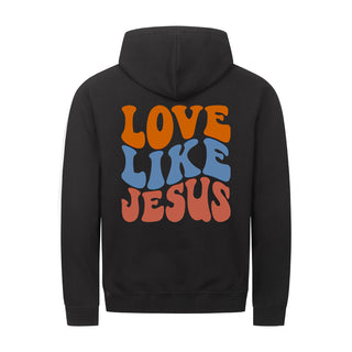Love Like Jesus Wavy Zipper Hoodie Backprint, christliche Streetwear von Mountain Movers