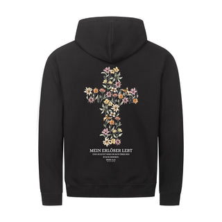 Mein Erlöser lebt Zipper Hoodie Backprint, christliche Streetwear von Mountain Movers