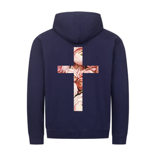 rose cross Zipper Hoodie Backprint Detailansicht, Mountain Movers christliche Streetwear