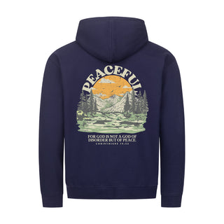 Peaceful dunkel neu Zipper Hoodie Backprint Detailansicht, Mountain Movers christliche Streetwear