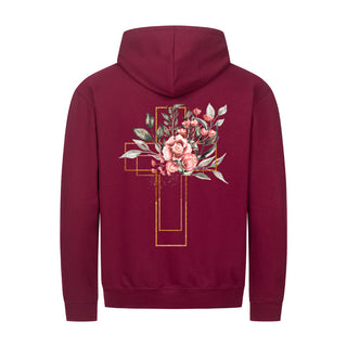 Golden Aquarell Cross Zipper Hoodie Backprint Detailansicht, Mountain Movers christliche Streetwear