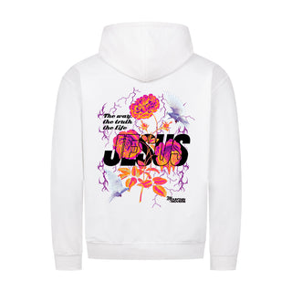 Jesus Flower Zipper Hoodie Backprint Variante, Mountain Movers christliches Design