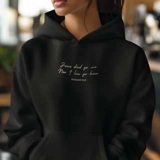 Jesus died for me Kalligrafie Oversized Hoodie Detailansicht, Mountain Movers christliche Streetwear
