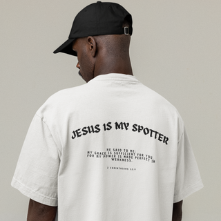 Jesus is my Spotter Gym Oversized Shirt BackPrint Produktansicht, Mountain Movers christliche Streetwear