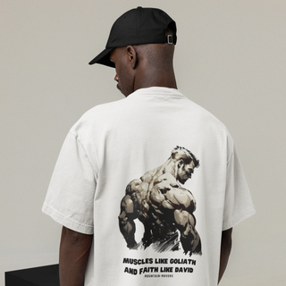 Muscles like Goliath Oversized Shirt BackPrint Detailansicht, Mountain Movers christliche Streetwear