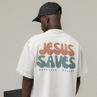 Jesus Saves Oversized Shirt BackPrint Produktansicht, Mountain Movers christliche Streetwear