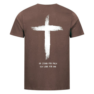 er starb für mich, ich lebe für ihn Shirt Backprint Braun
