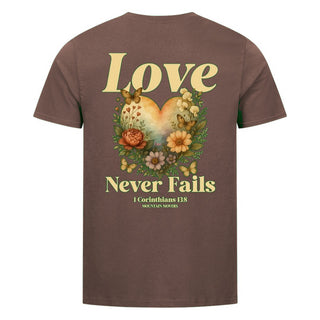 Love never fails Shirt BackPrint Braun