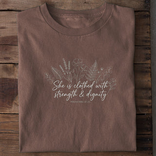 She Is Clothed With Strength and Dignity Proverbs 31:25 Lineart Unisex T-Shirt Braun