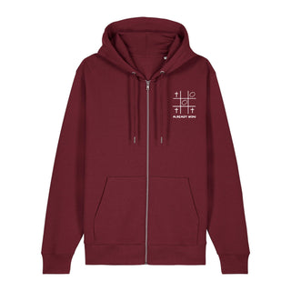 Already won Zipper Hoodie, Burgunder, Vorderseite, Mountain Movers christliche Streetwear