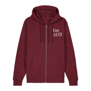 Be still Zipper Hoodie, Burgunder, Vorderseite, Mountain Movers christliche Streetwear