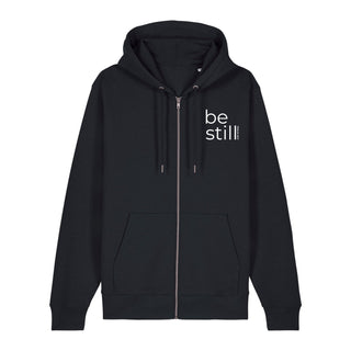 Be still Zipper Hoodie, Schwarz, Vorderseite, Mountain Movers christliche Streetwear