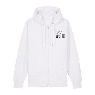 Be still Zipper Hoodie, Weiß, Vorderseite, Mountain Movers christliche Streetwear