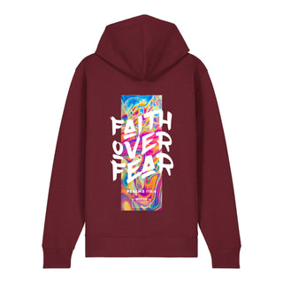 Faith Over Fear Streetwear Zipper Hoodie Backprint, Burgunder, Rückseite, Mountain Movers christliche Streetwear