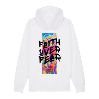 Faith Over Fear Streetwear Zipper Hoodie Backprint, Weiß, Rückseite, Mountain Movers christliche Streetwear