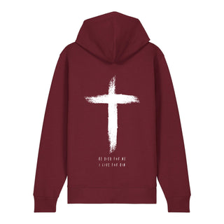 He died Zipper Hoodie Backprint, Burgunder, Rückseite, Mountain Movers christliche Streetwear