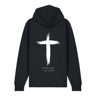 He died Zipper Hoodie Backprint, Schwarz, Rückseite, Mountain Movers christliche Streetwear