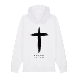 He died Zipper Hoodie Backprint, Weiß, Rückseite, Mountain Movers christliche Streetwear
