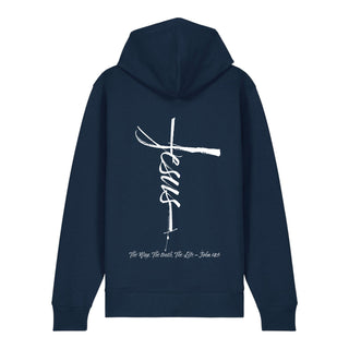 jesus cross Zipper Hoodie Backprint, Navy, Rückseite, Mountain Movers christliche Streetwear