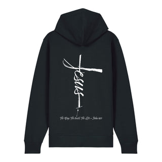 jesus cross Zipper Hoodie Backprint, Schwarz, Rückseite, Mountain Movers christliche Streetwear
