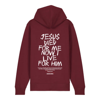 Jesus died for me Zipper Hoodie Backprint, Burgunder, Rückseite, Mountain Movers christliche Streetwear