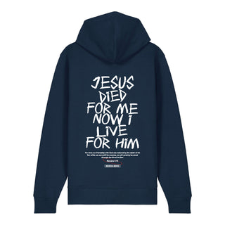 Jesus died for me Zipper Hoodie Backprint, Navy, Rückseite, Mountain Movers christliche Streetwear