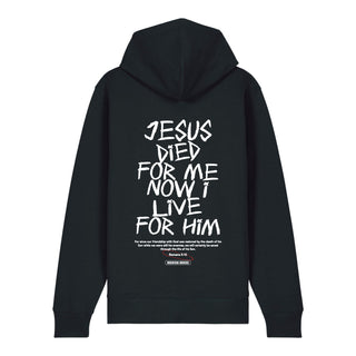 Jesus died for me Zipper Hoodie Backprint, Schwarz, Rückseite, Mountain Movers christliche Streetwear