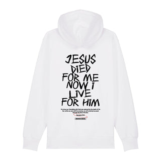 Jesus died for me Zipper Hoodie Backprint, Weiß, Rückseite, Mountain Movers christliche Streetwear