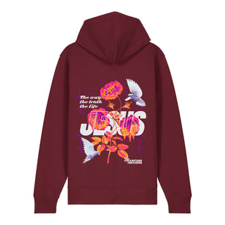 Jesus Flower Zipper Hoodie Backprint, Burgunder, Rückseite, Mountain Movers christliche Streetwear