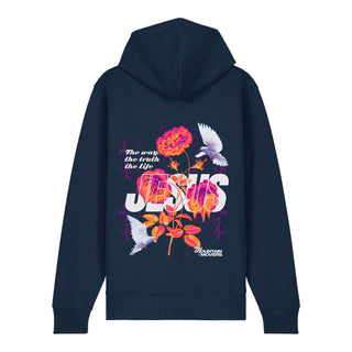 Jesus Flower Zipper Hoodie Backprint, Navy, Rückseite, Mountain Movers christliche Streetwear