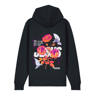 Jesus Flower Zipper Hoodie Backprint, Schwarz, Rückseite, Mountain Movers christliche Streetwear