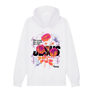 Jesus Flower Zipper Hoodie Backprint, Weiß, Rückseite, Mountain Movers christliche Streetwear