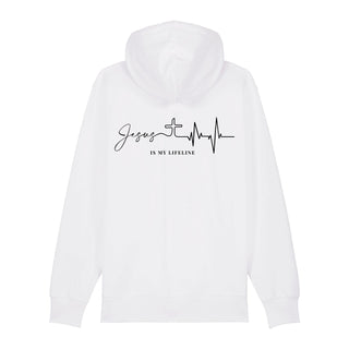 Jesus is my Lifeline Zipper Hoodie Backprint, Weiß, Rückseite, Mountain Movers christliche Streetwear