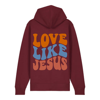 Love Like Jesus Wavy Zipper Hoodie Backprint, Burgunder, Rückseite, Mountain Movers christliche Streetwear