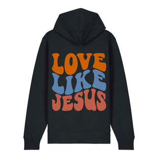 Love Like Jesus Wavy Zipper Hoodie Backprint, Schwarz, Rückseite, Mountain Movers christliche Streetwear
