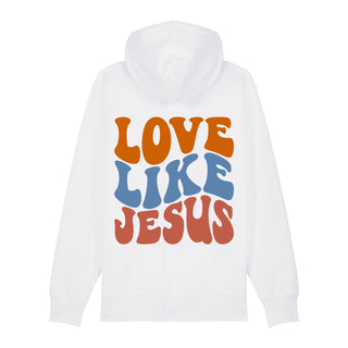 Love Like Jesus Wavy Zipper Hoodie Backprint, Weiß, Rückseite, Mountain Movers christliche Streetwear