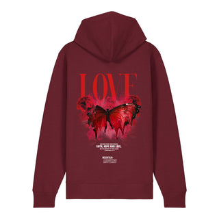 Love Streetwear Zipper Hoodie Backprint, Burgunder, Rückseite, Mountain Movers christliche Streetwear