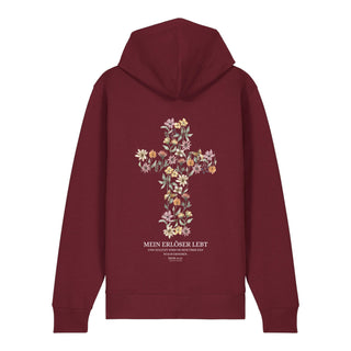 Mein Erlöser lebt Zipper Hoodie Backprint, Burgunder, Rückseite, Mountain Movers christliche Streetwear