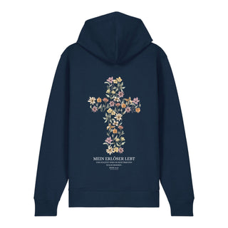 Mein Erlöser lebt Zipper Hoodie Backprint, Navy, Rückseite, Mountain Movers christliche Streetwear