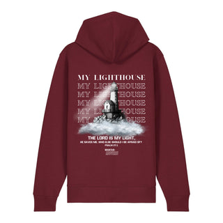 My Lighthouse Zipper Hoodie Backprint, Burgunder, Rückseite, Mountain Movers christliche Streetwear