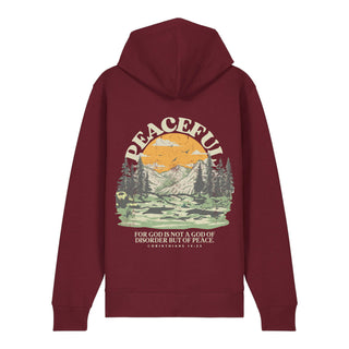 Peaceful dunkel neu Zipper Hoodie Backprint, Burgunder, Rückseite, Mountain Movers christliche Streetwear