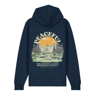 Peaceful dunkel neu Zipper Hoodie Backprint, Navy, Rückseite, Mountain Movers christliche Streetwear