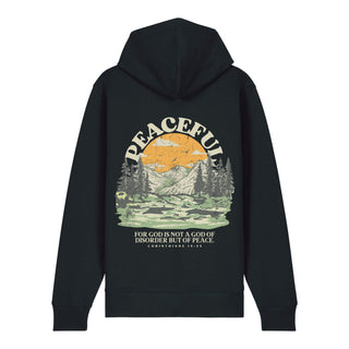 Peaceful dunkel neu Zipper Hoodie Backprint, Schwarz, Rückseite, Mountain Movers christliche Streetwear