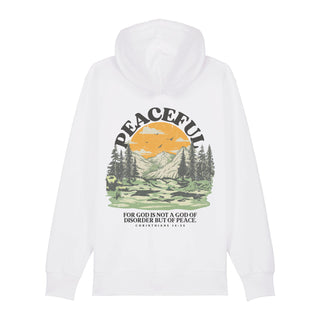 Peaceful dunkel neu Zipper Hoodie Backprint, Weiß, Rückseite, Mountain Movers christliche Streetwear