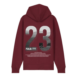 Psalm 23 Zipper Hoodie Backprint, Burgunder, Rückseite, Mountain Movers christliche Streetwear