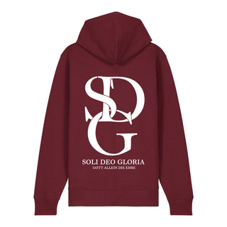 Soli deo Gloria Zipper Hoodie Backprint, Burgunder, Rückseite, Mountain Movers christliche Streetwear