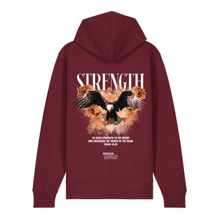 Strength Streetwear Zipper Hoodie Backprint, Burgunder, Rückseite, Mountain Movers christliche Streetwear