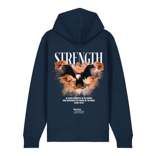 Strength Streetwear Zipper Hoodie Backprint, Navy, Rückseite, Mountain Movers christliche Streetwear